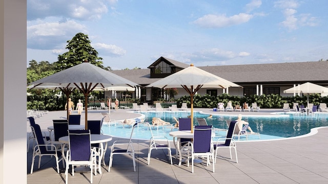 view of swimming pool featuring a patio area