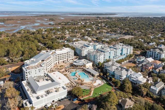 bird's eye view with a water view