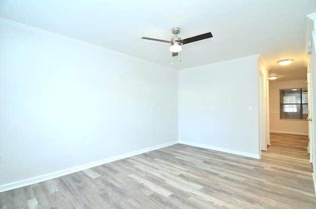 unfurnished room with crown molding, ceiling fan, and light wood-type flooring