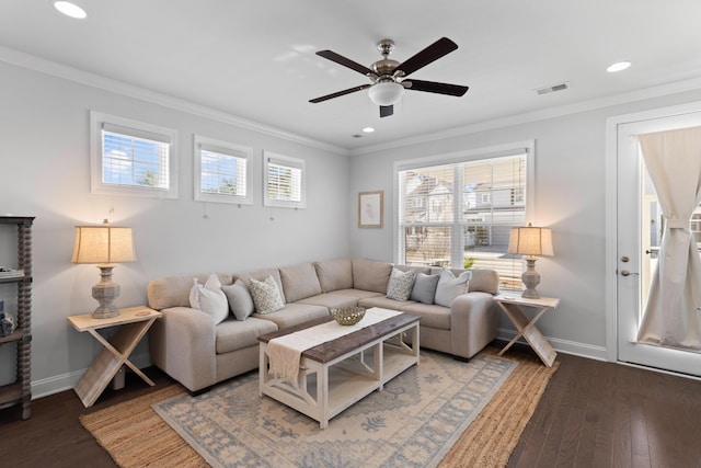 living room with ceiling fan, crown molding, and hardwood / wood-style floors