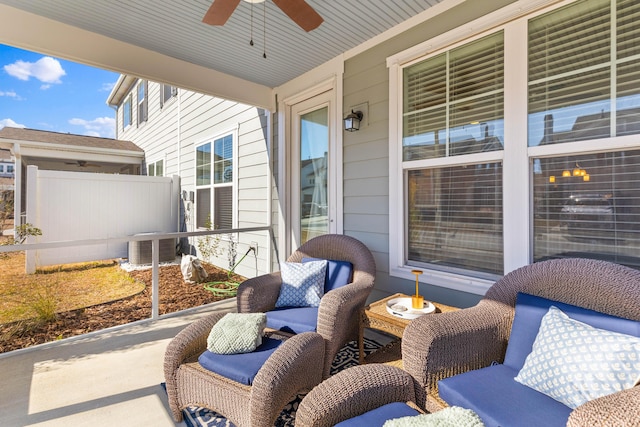 view of patio / terrace with ceiling fan and central air condition unit