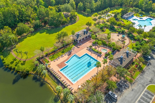 drone / aerial view with a water view