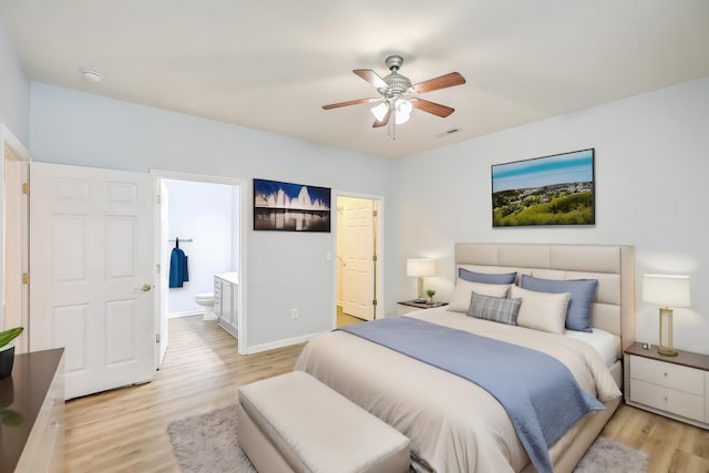 bedroom featuring ceiling fan, light hardwood / wood-style flooring, and ensuite bathroom