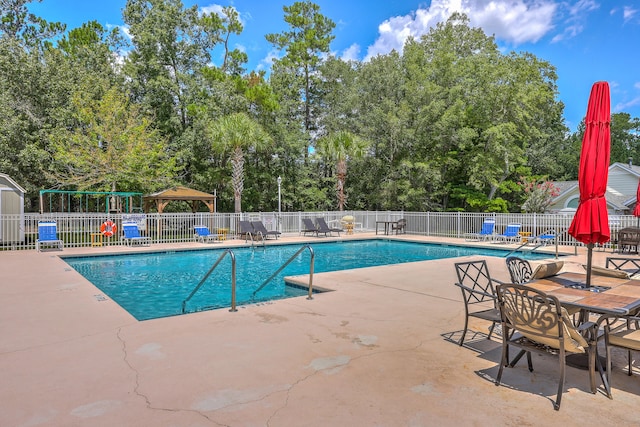 view of swimming pool with a patio