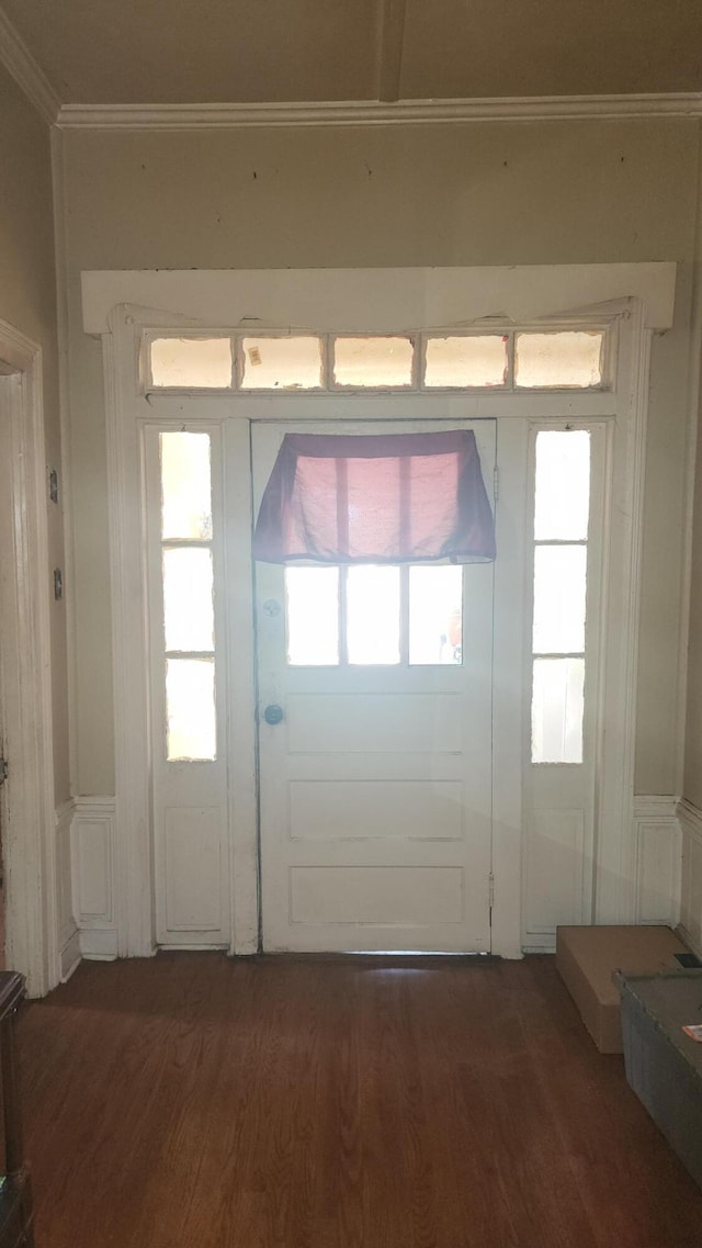 doorway with wainscoting, a decorative wall, crown molding, and wood finished floors