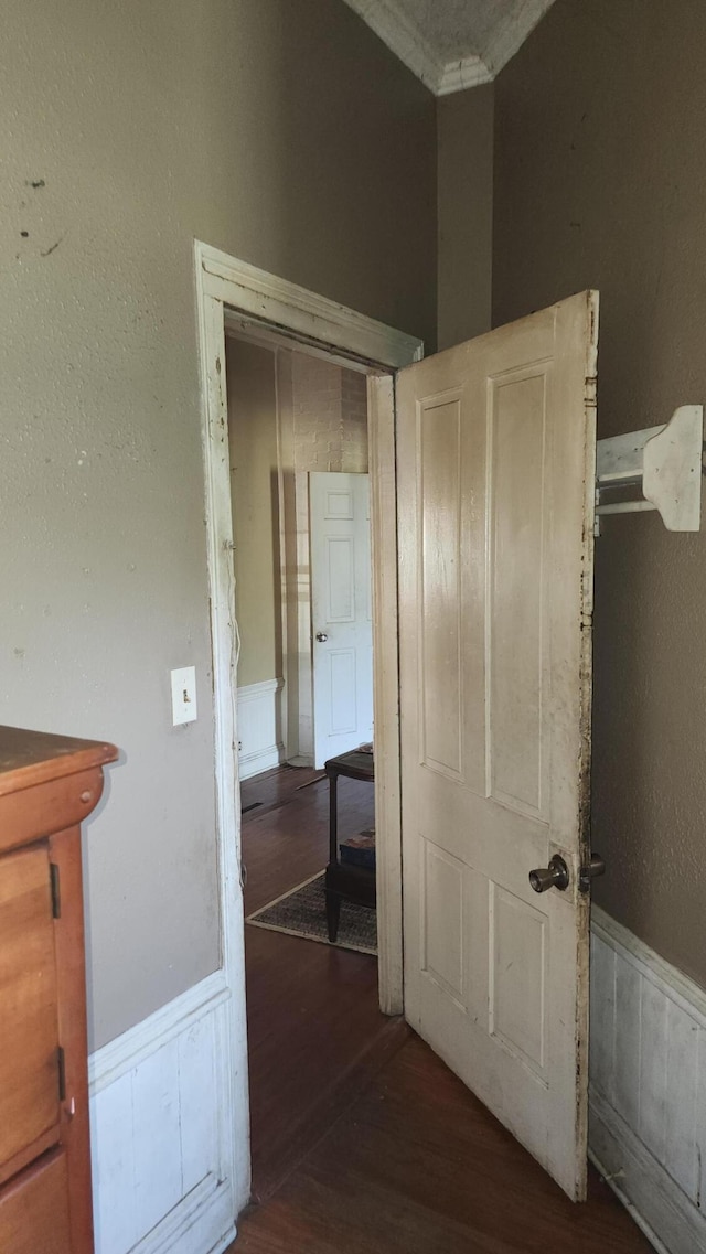 hallway with wainscoting, wood finished floors, and ornamental molding