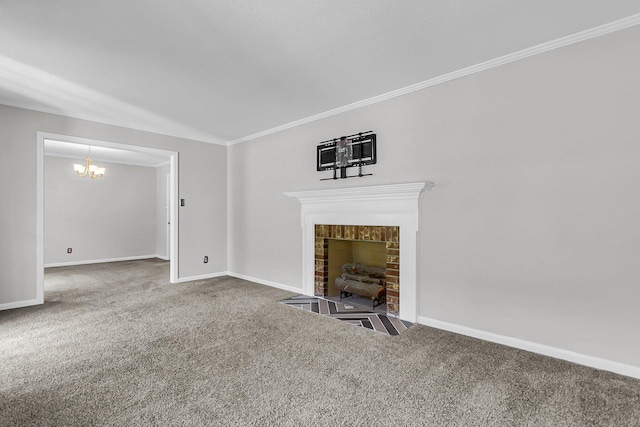 598 Maple Branch Rd, Reevesville, SC 29471 - unfurnished living room with carpet, a chandelier, a tiled fireplace, and ornamental molding