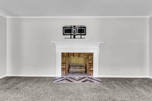 598 Maple Branch Rd, Reevesville, SC 29471 - detailed view of carpet flooring, crown molding, and a fireplace with flush hearth