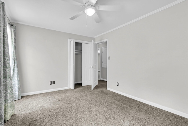 598 Maple Branch Rd, Reevesville, SC 29471 - unfurnished bedroom featuring carpet floors, ornamental molding, a closet, and a ceiling fan