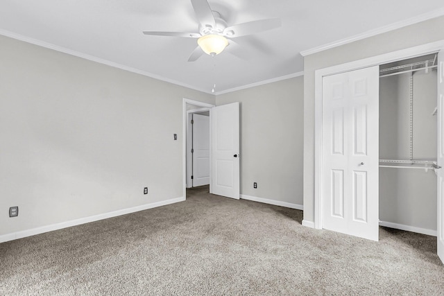 598 Maple Branch Rd, Reevesville, SC 29471 - unfurnished bedroom with carpet, crown molding, a closet, and a ceiling fan