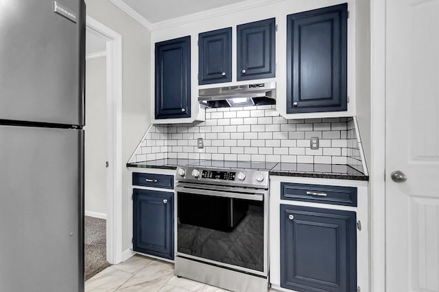 598 Maple Branch Rd, Reevesville, SC 29471 - kitchen with stainless steel appliances, under cabinet range hood, blue cabinetry, dark countertops, and crown molding