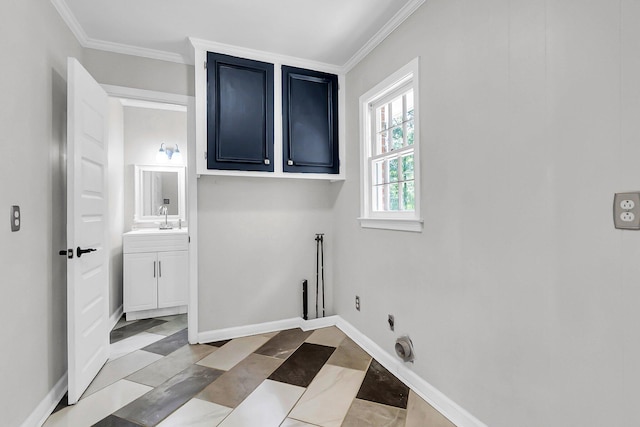 598 Maple Branch Rd, Reevesville, SC 29471 - washroom featuring cabinet space, hookup for an electric dryer, and ornamental molding