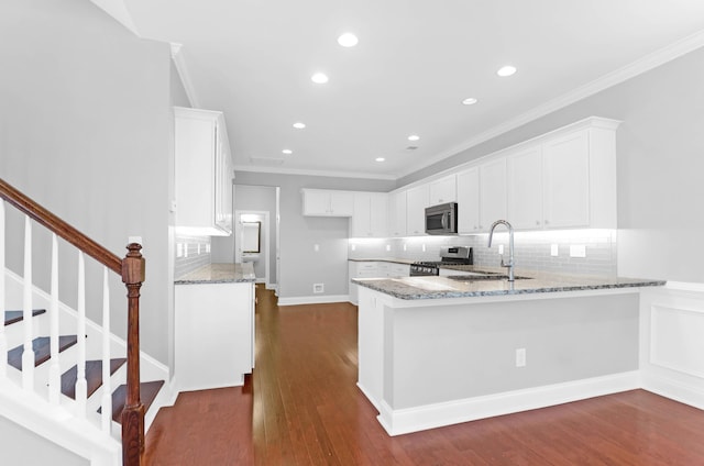 kitchen with crown molding, light stone countertops, a sink, a peninsula, and stainless steel appliances