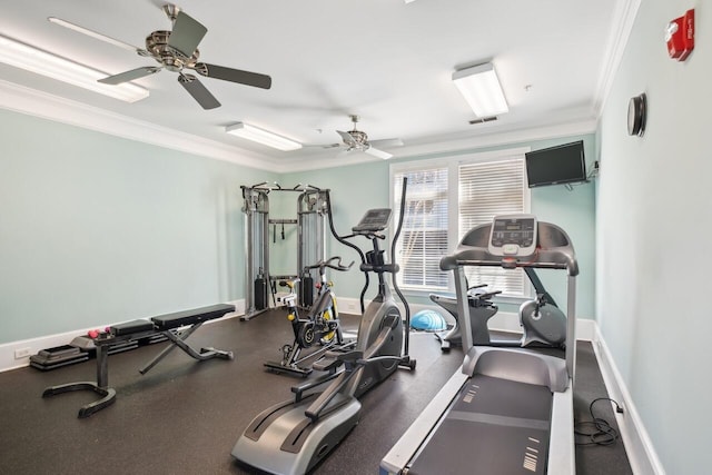 2244 Ashley Crossing Dr Unit 621, Charleston, SC 29414 - exercise room featuring ornamental molding and a ceiling fan