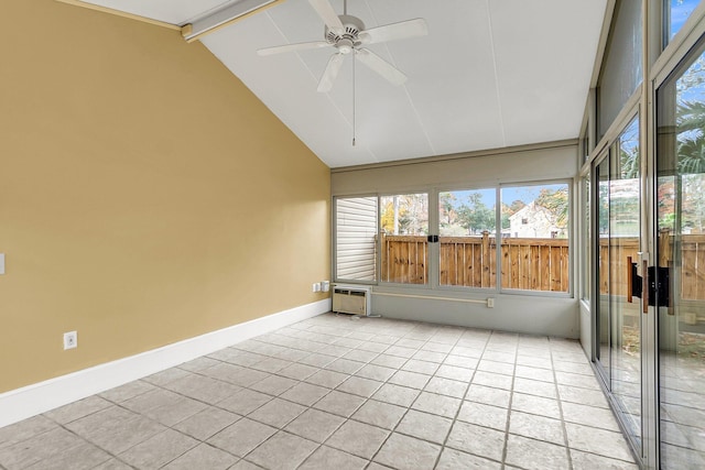 unfurnished sunroom featuring vaulted ceiling with beams and ceiling fan