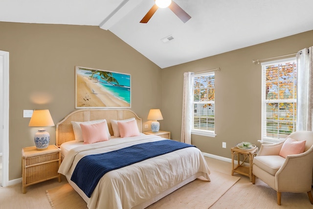 carpeted bedroom with ceiling fan and lofted ceiling with beams