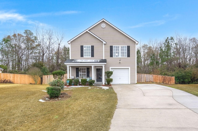 view of property with a garage, a front yard, and a porch