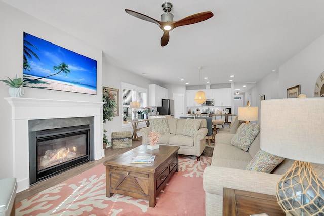 living room featuring ceiling fan and light wood-type flooring