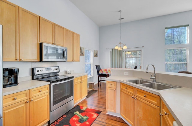 kitchen with wood finished floors, a sink, light countertops, appliances with stainless steel finishes, and a notable chandelier