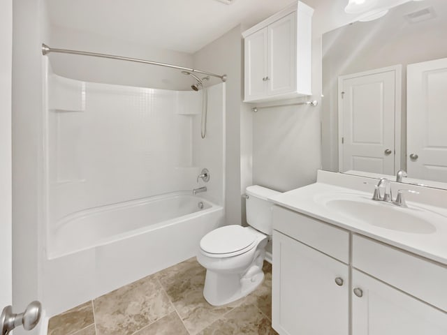 full bathroom featuring tub / shower combination, visible vents, toilet, and vanity