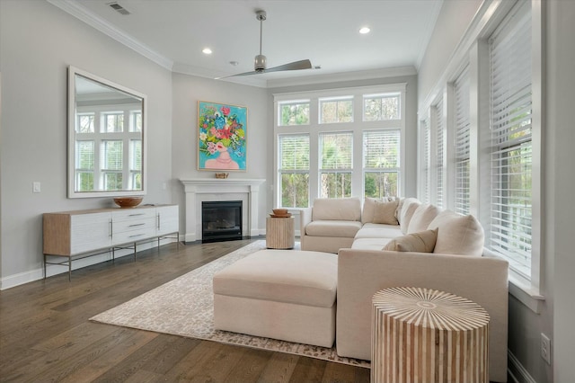 living room with ornamental molding, dark hardwood / wood-style floors, and ceiling fan