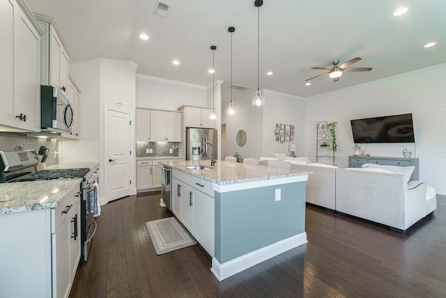 1250 Hammrick Ln, Johns Island, SC 29455 - kitchen featuring appliances with stainless steel finishes, a ceiling fan, ornamental molding, open floor plan, and tasteful backsplash