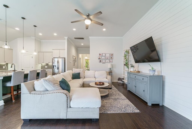 1250 Hammrick Ln, Johns Island, SC 29455 - living room featuring a ceiling fan, ornamental molding, dark wood finished floors, and recessed lighting