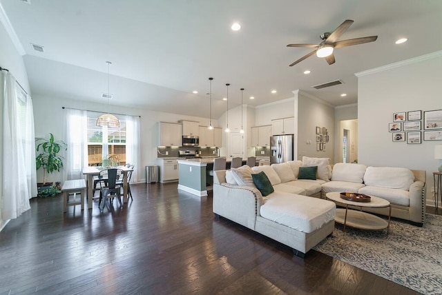 1250 Hammrick Ln, Johns Island, SC 29455 - living room with dark wood-style flooring, a ceiling fan, ornamental molding, and recessed lighting