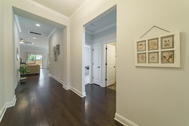 1250 Hammrick Ln, Johns Island, SC 29455 - corridor with ornamental molding, dark wood-type flooring, and recessed lighting