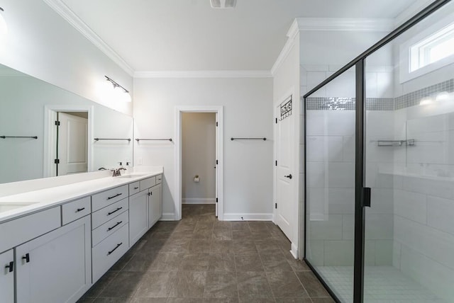 1250 Hammrick Ln, Johns Island, SC 29455 - bathroom featuring double vanity, ornamental molding, and a shower stall