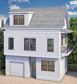 1 Nats Ct, Charleston, SC 29403 - view of front facade with a balcony, roof with shingles, decorative driveway, and a garage