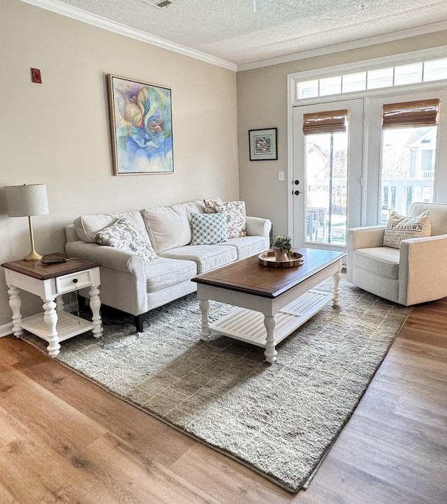 living room featuring a textured ceiling, ornamental molding, and wood finished floors