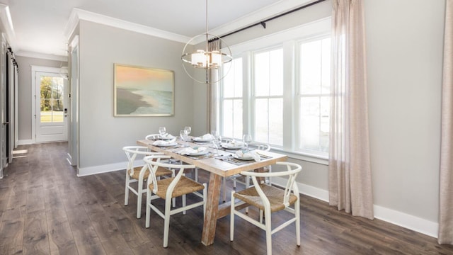 dining room with ornamental molding, dark hardwood / wood-style flooring, and a chandelier