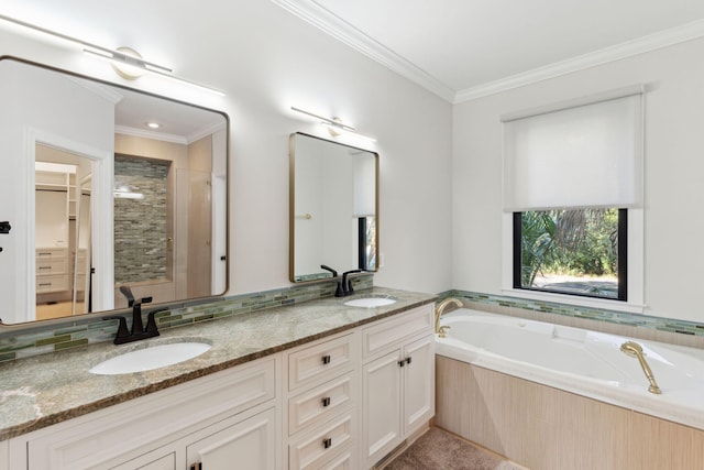 bathroom with ornamental molding, shower with separate bathtub, and vanity