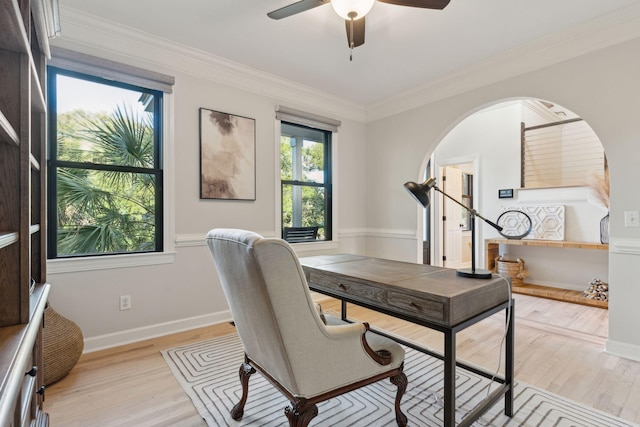 office area featuring crown molding, ceiling fan, and light hardwood / wood-style floors