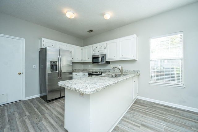 kitchen with sink, light hardwood / wood-style flooring, kitchen peninsula, white cabinets, and appliances with stainless steel finishes