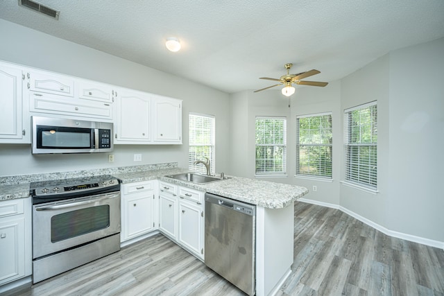 kitchen with white cabinetry, sink, kitchen peninsula, appliances with stainless steel finishes, and light wood-type flooring