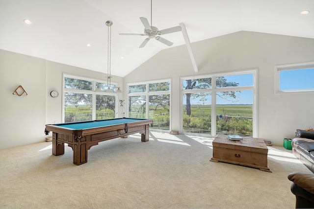 rec room featuring recessed lighting, a ceiling fan, carpet flooring, high vaulted ceiling, and billiards