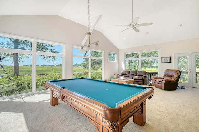 rec room with high vaulted ceiling, carpet floors, billiards, a ceiling fan, and french doors