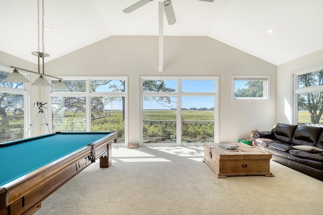 recreation room with a ceiling fan, carpet, pool table, and lofted ceiling