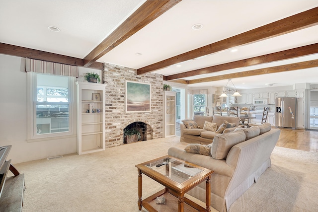 living room featuring a fireplace, recessed lighting, visible vents, light carpet, and beamed ceiling