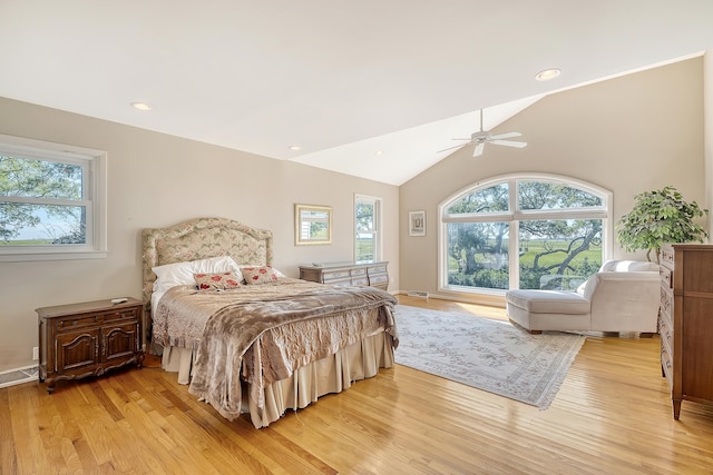 bedroom featuring lofted ceiling, ceiling fan, light wood finished floors, and recessed lighting