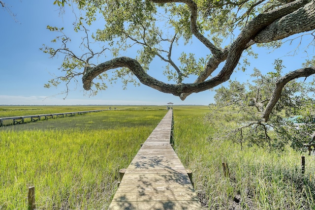 view of home's community with a dock and a rural view