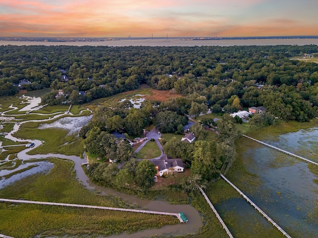 aerial view with a water view and a wooded view