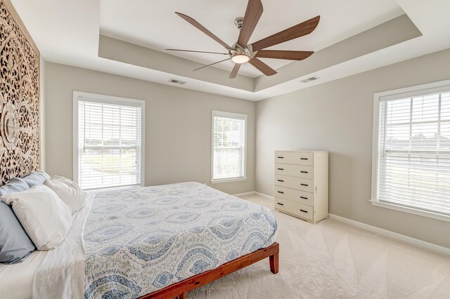 8038 Regency Elm Dr, North Charleston, SC 29406 - bedroom featuring a raised ceiling, light colored carpet, baseboards, and ceiling fan