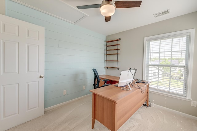 8038 Regency Elm Dr, North Charleston, SC 29406 - office with baseboards, ceiling fan, light carpet, healthy amount of natural light, and wooden walls