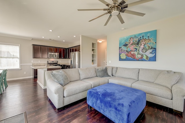 8038 Regency Elm Dr, North Charleston, SC 29406 - living area with ceiling fan, dark wood-type flooring, recessed lighting, and baseboards