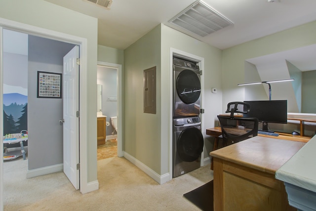 5134 E Liberty Park Cir N, Charleston, SC 29405 - home office with stacked washer / drying machine, light carpet, and electric panel