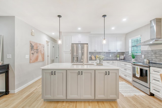 kitchen with tasteful backsplash, wall chimney range hood, a center island with sink, appliances with stainless steel finishes, and white cabinetry