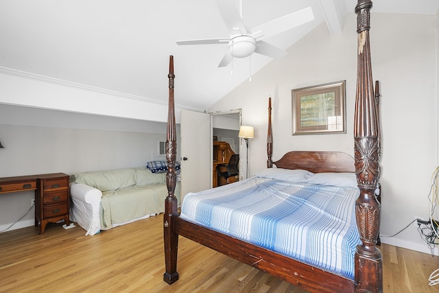 bedroom featuring lofted ceiling with beams, baseboards, light wood-style flooring, and ceiling fan